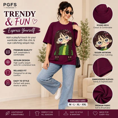 Women's Sequin Cartoon Graphic Oversized Cotton T-Shirt