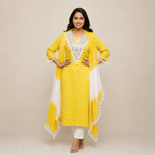 Yellow Polka Dot Embroidered Kurta Set with Ombre Dupatta