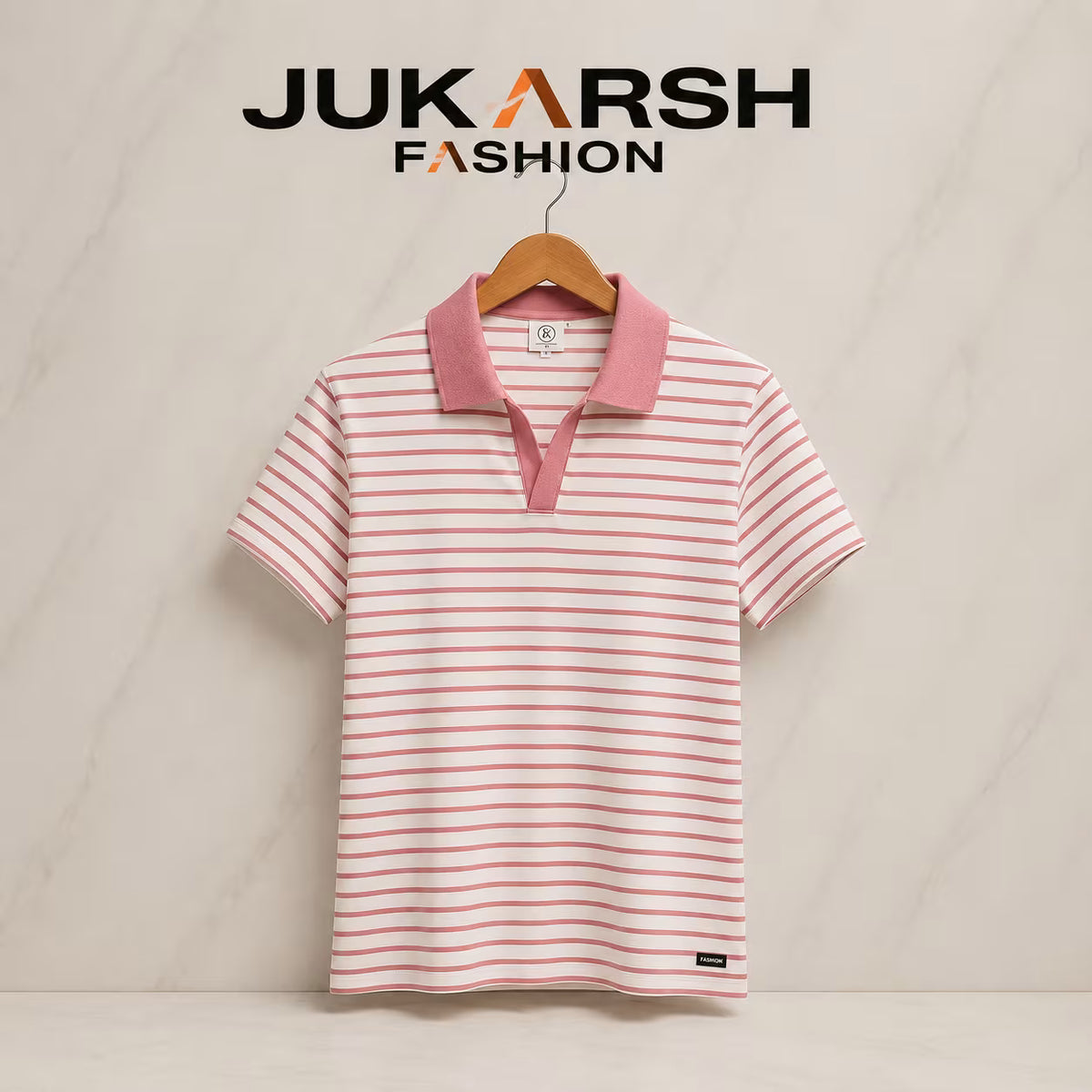 Women's Pink Striped Polo Neck T-Shirt