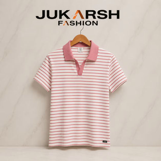 Women's Pink Striped Polo Neck T-Shirt