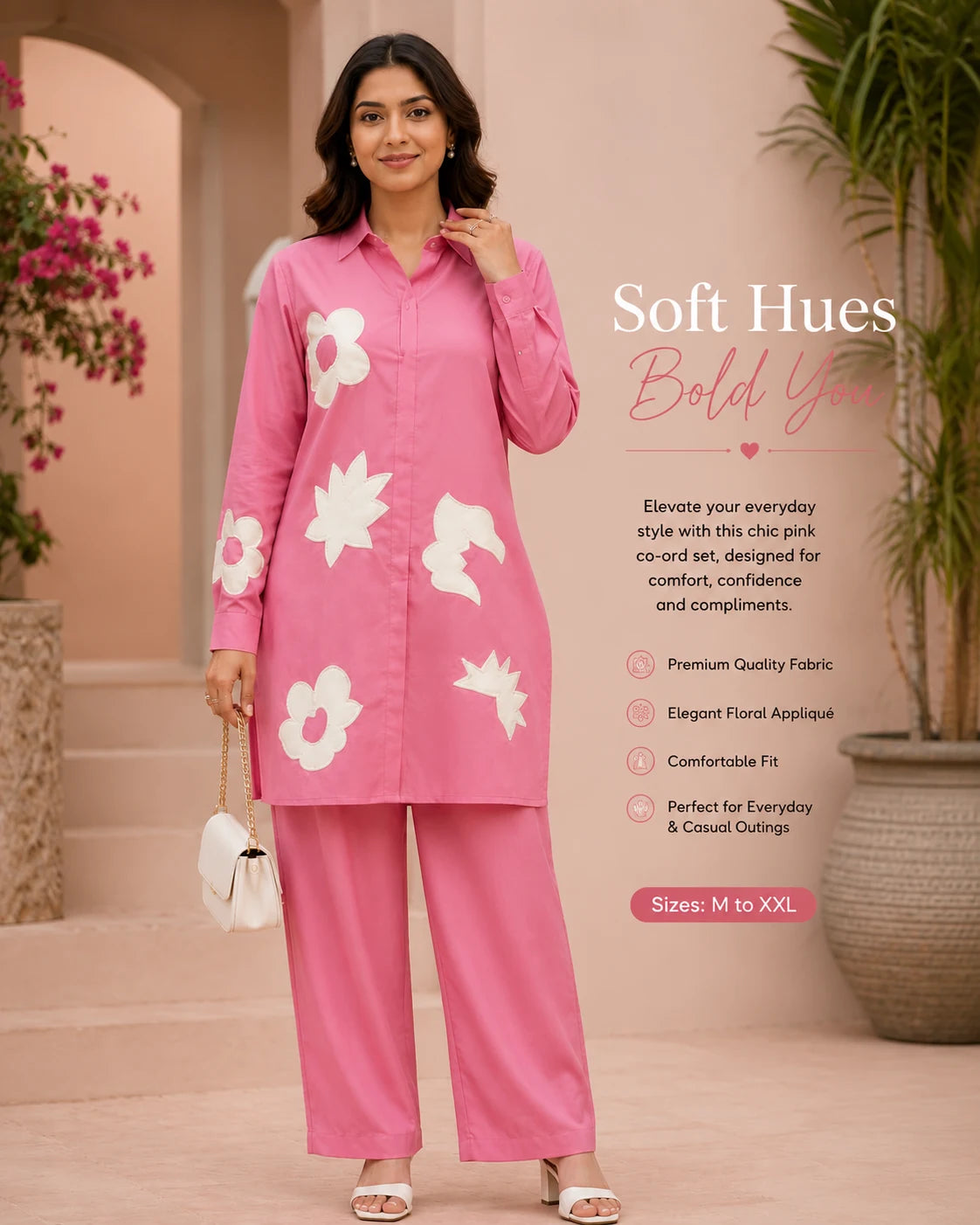 Elegant Pink Floral Appliqué Co-Ord Set