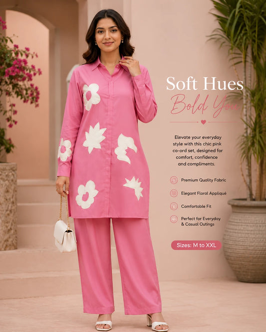 Elegant Pink Floral Appliqué Co-Ord Set