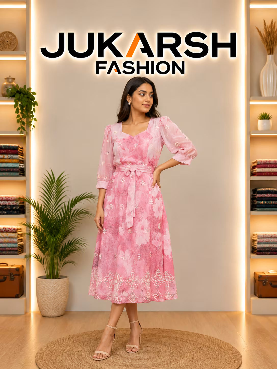 Jukarsh Fashion Women’s Floral Printed Fit & Flare Midi Dress with Waist Belt