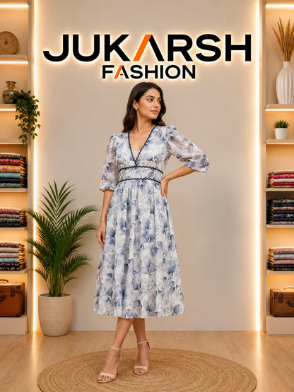Jukarsh Fashion Women’s Floral Printed Midi Dress with Puff Sleeves