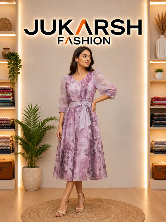 Jukarsh Fashion Women’s Floral Printed Fit & Flare Midi Dress with Waist Belt