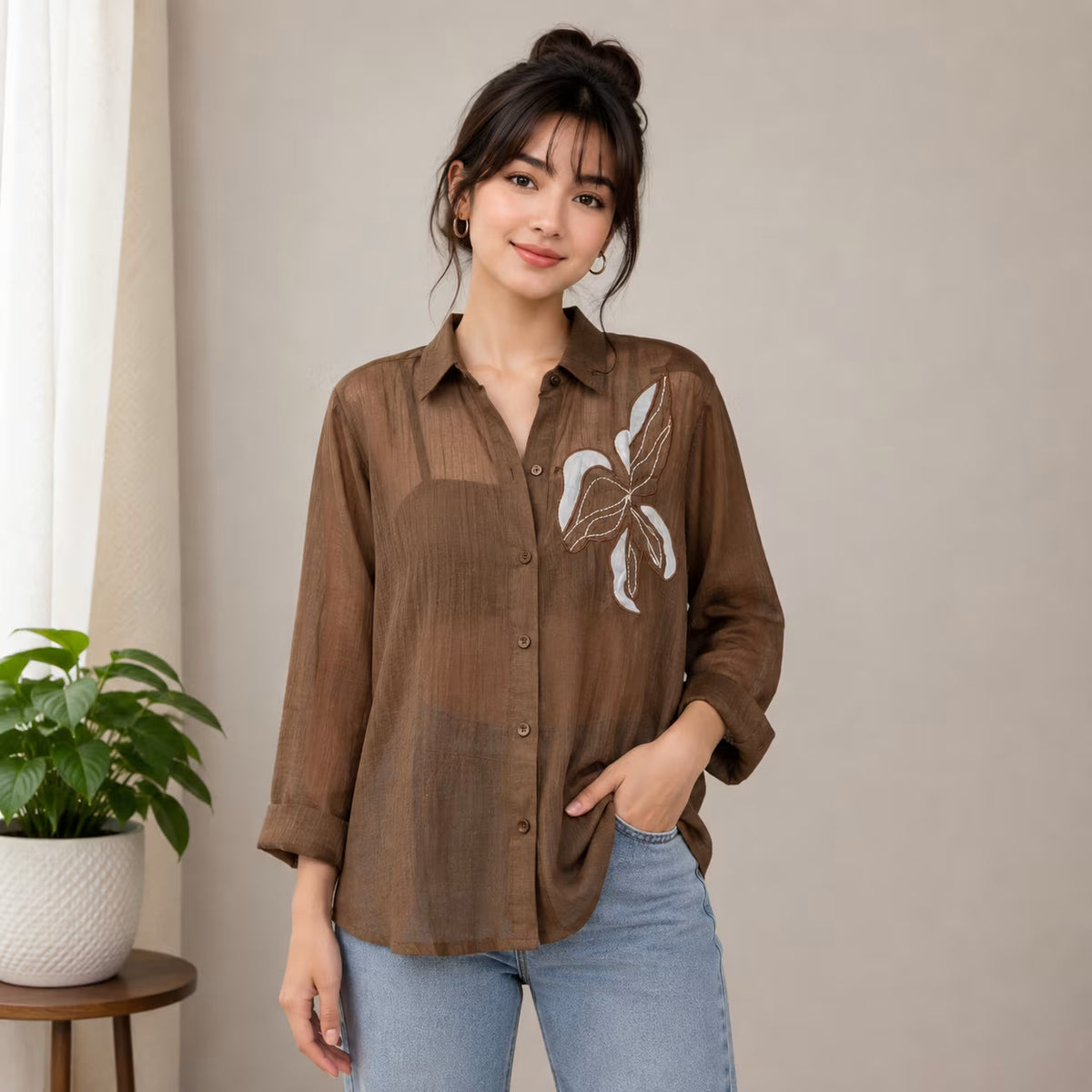 Women’s Embroidered Sheer Shirt | Floral Appliqué Button-Down Top