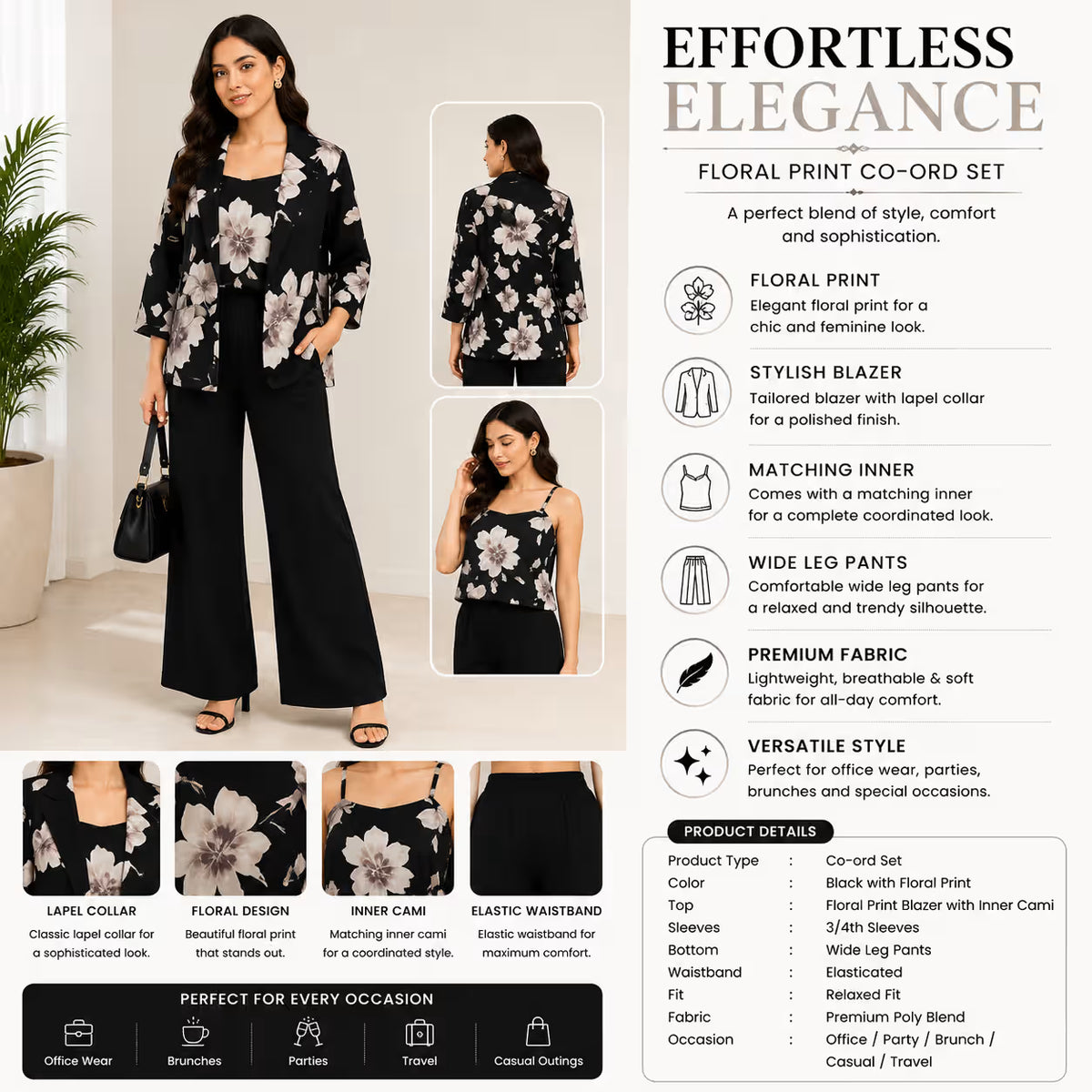 Women’s White Floral Printed Blazer Co-Ord Set with Black Pants