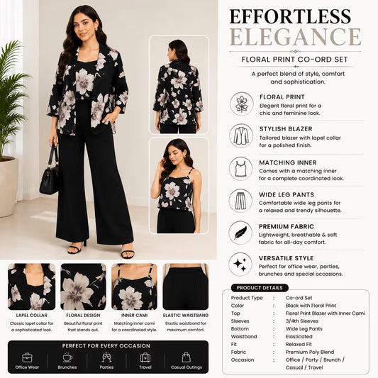 Women’s White Floral Printed Blazer Co-Ord Set with Black Pants