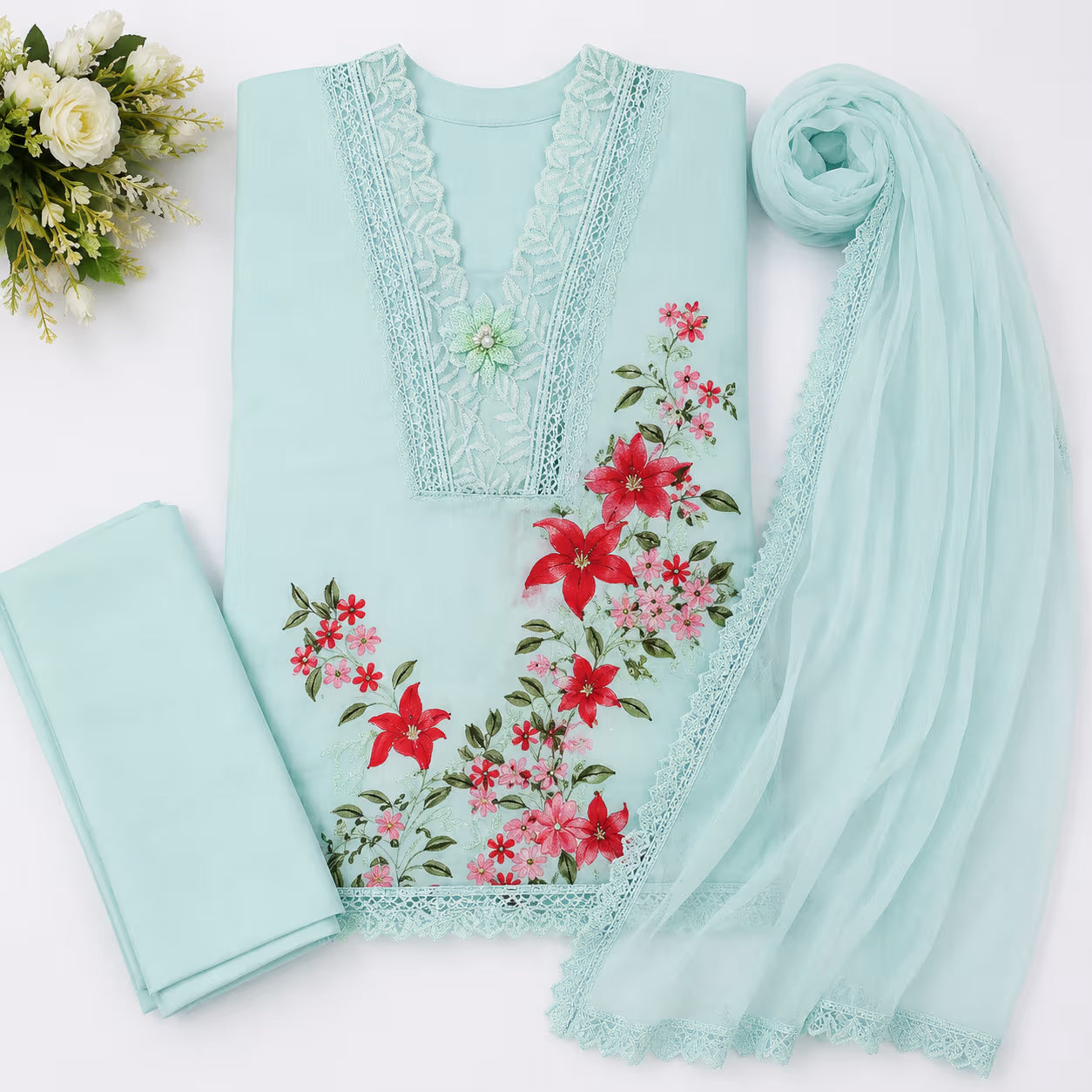 Mint Aqua Floral Embroidered Suit Set with Lace Dupatta | 3-Piece Women’s Ethnic Wear