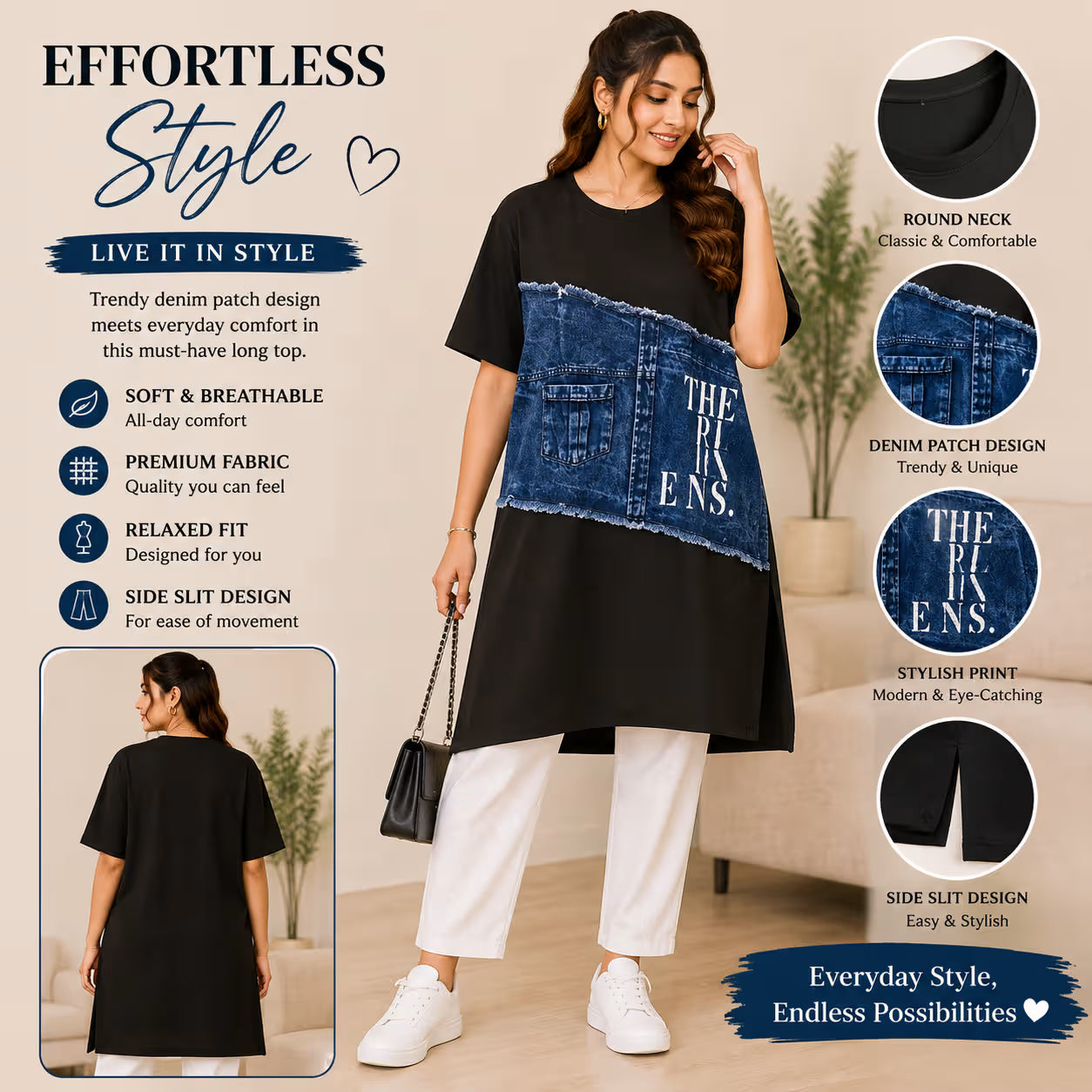 Women's  Denim Patch Casual Long Top