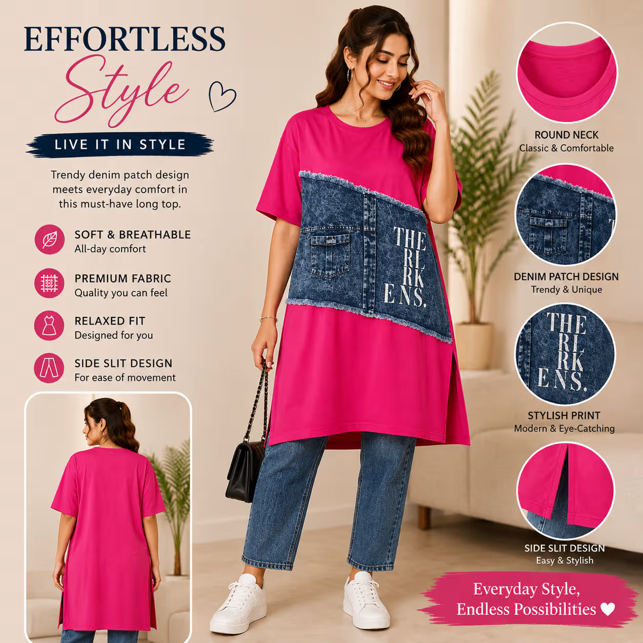Women's  Denim Patch Casual Long Top