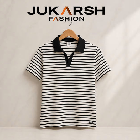 Women's Pink Striped Polo Neck T-Shirt