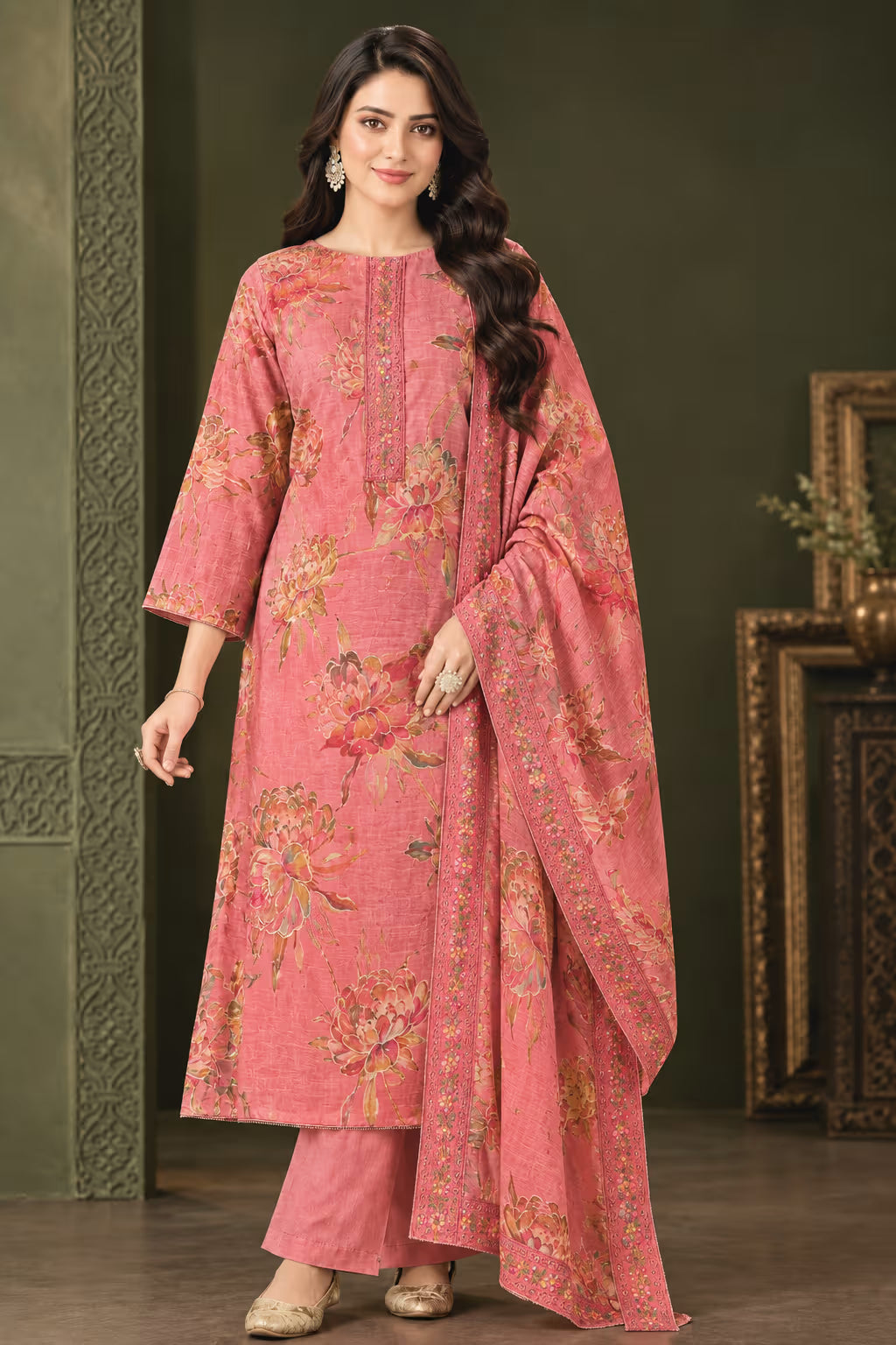 Silk Floral Embroidered Unstitched Suit with Dupatta