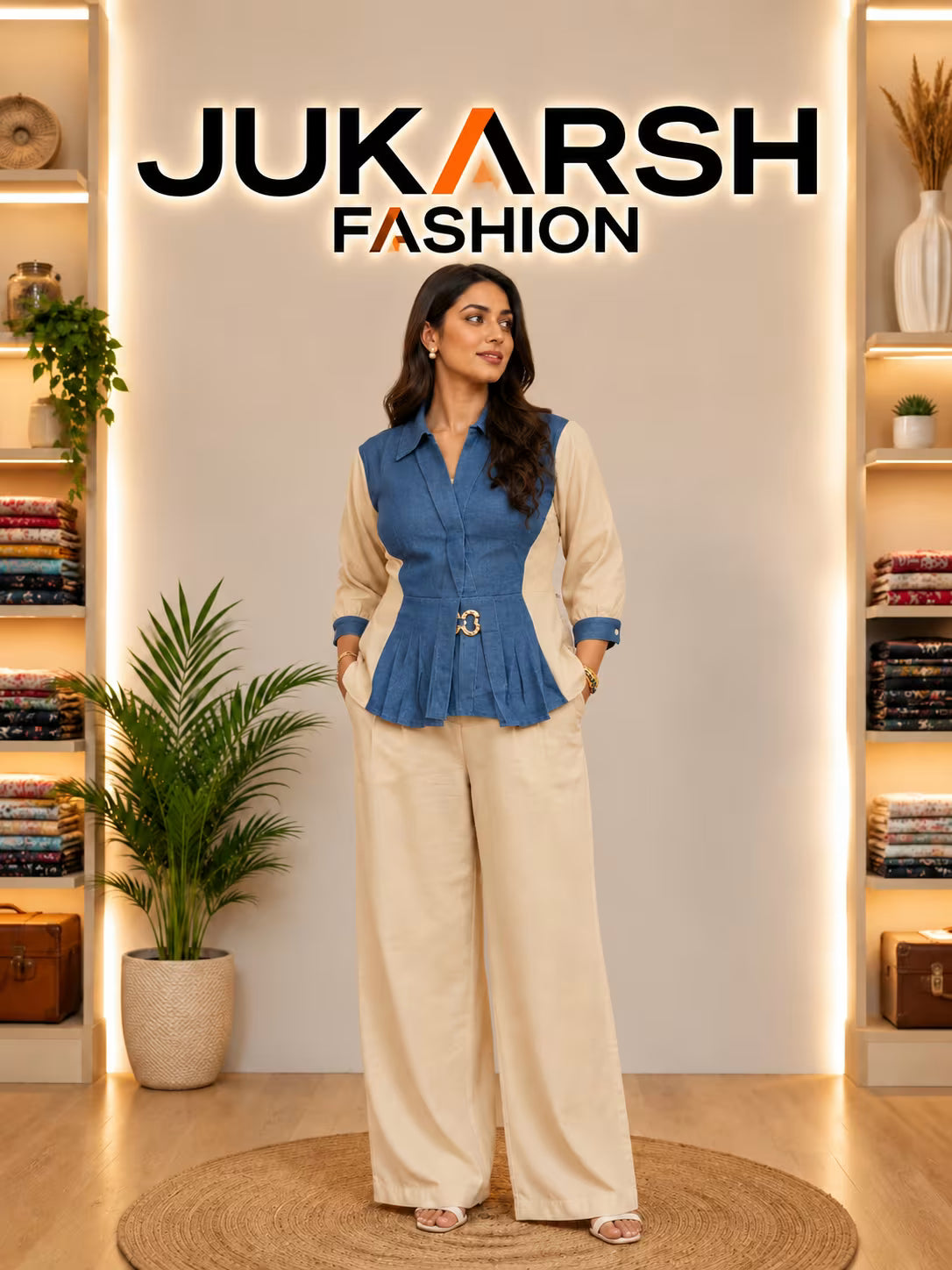 Denim Look Co-Ord Set for Women – Blue Tailored Top & Wide-Leg Trousers
