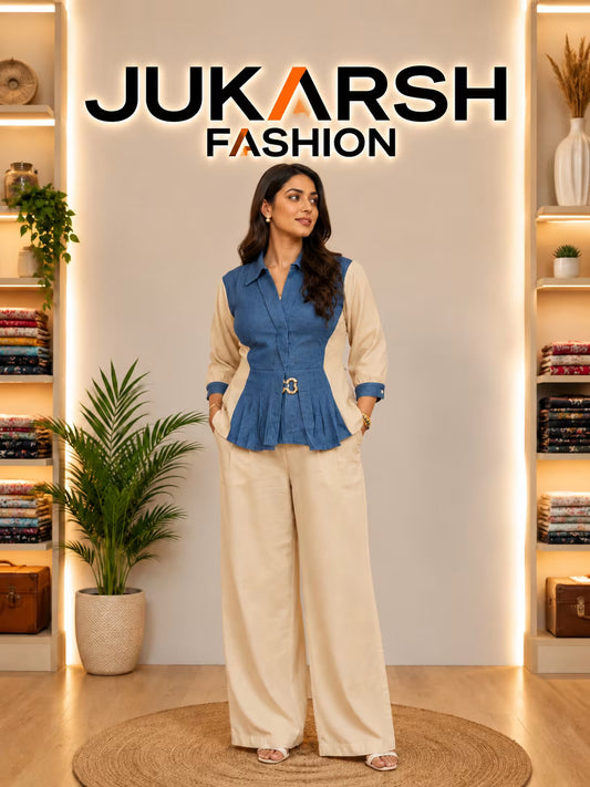 Denim Look Co-Ord Set for Women – Blue Tailored Top & Wide-Leg Trousers