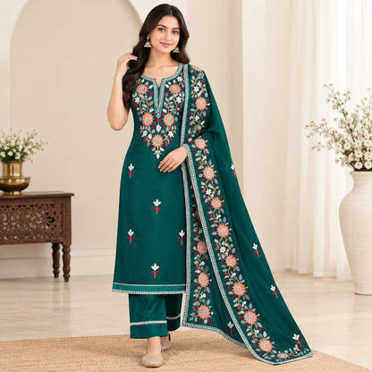 Unstiched Emerald Floral Embroidered Roman Silk Suit Set with Dupatta