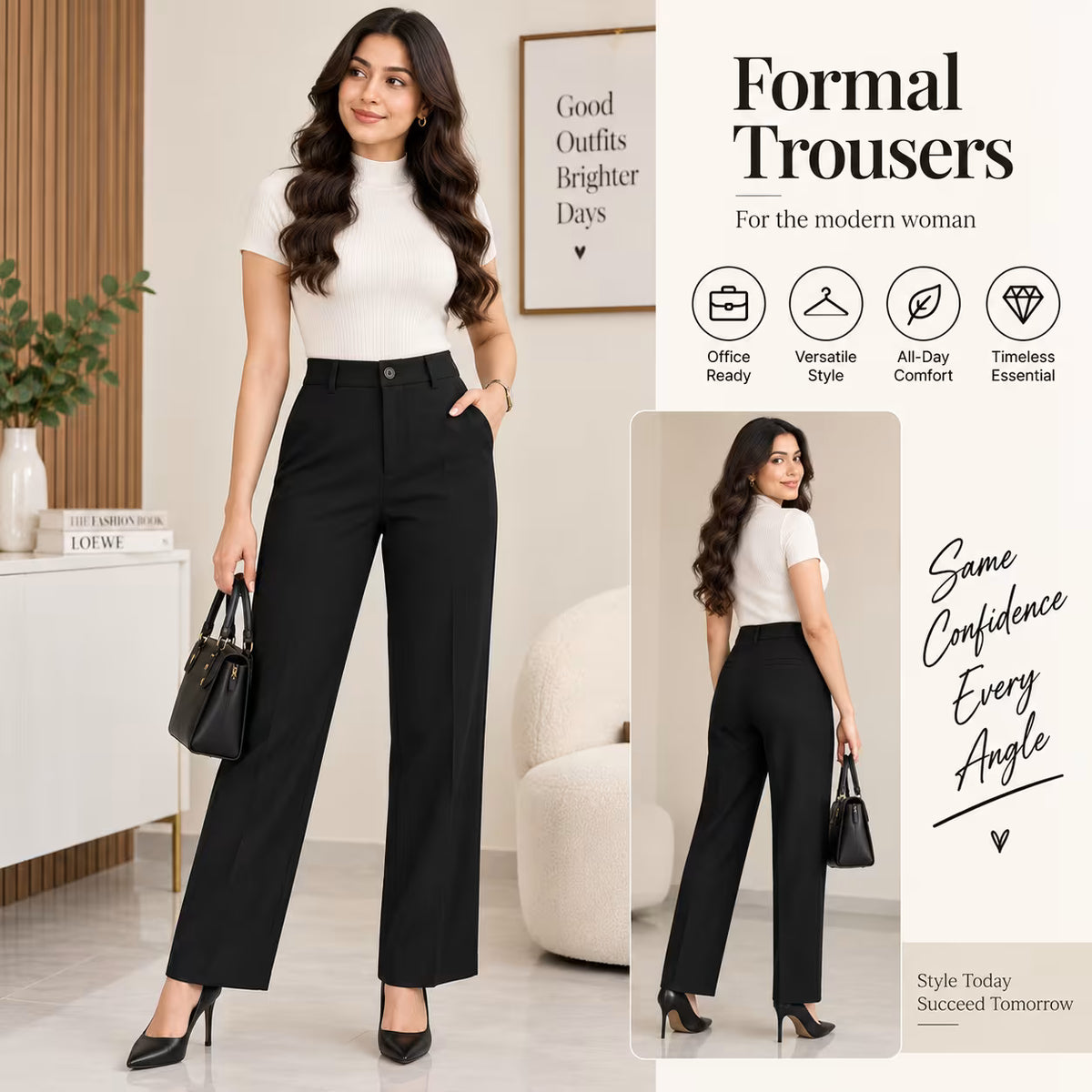 A woman modeling black wide-leg trousers with a white fitted top and black heels, shown in a styled indoor setting with text callouts reading 'Formal Trousers' and feature icons. A smaller inset shows the same outfit from the back.
