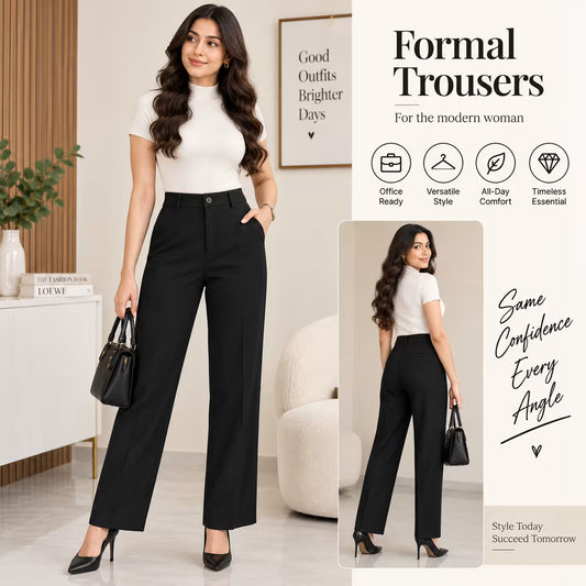 A woman modeling black wide-leg trousers with a white fitted top and black heels, shown in a styled indoor setting with text callouts reading 'Formal Trousers' and feature icons. A smaller inset shows the same outfit from the back.