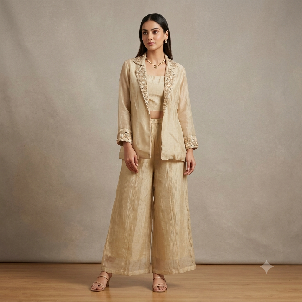 Beige Organza Co-ord Set with Embroidered Jacket & Wide-Leg Trousers