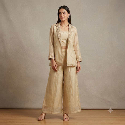 Beige Organza Co-ord Set with Embroidered Jacket & Wide-Leg Trousers