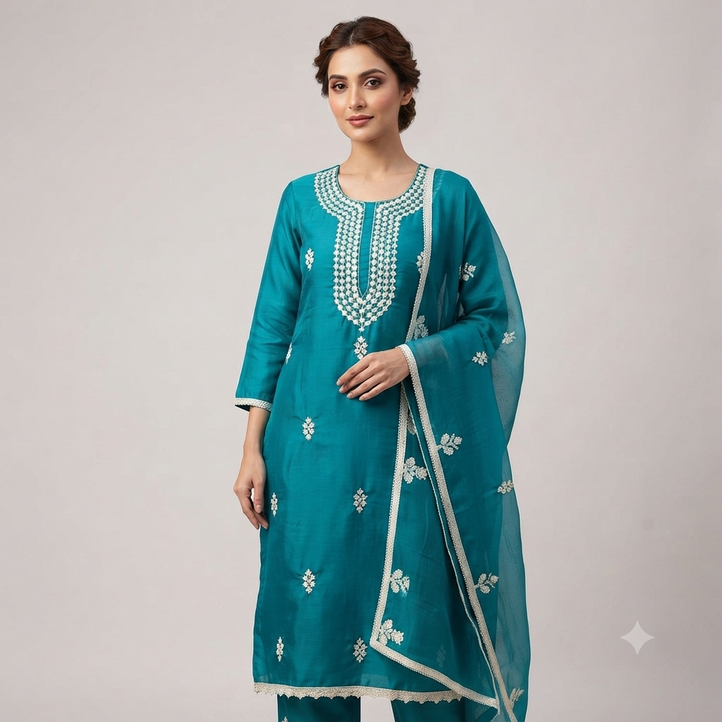 Elegant Peacock Blue Silk Blend Chikankari Suit Set with Dupatta