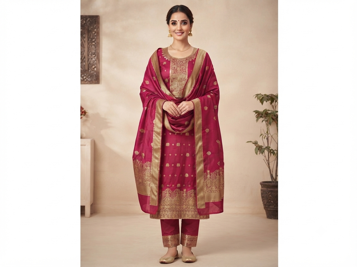Festive Elegance Banarasi Silk Suit Set with Zari Embroidery & Matching Dupatta
