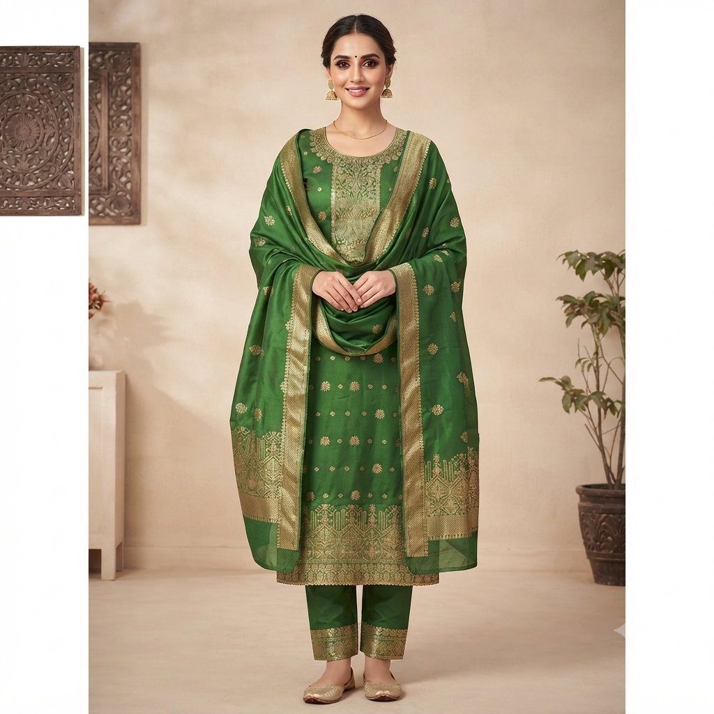 A woman models a green traditional ethnic outfit with gold embroidery, consisting of a kurta, pants, and a matching dupatta, set against a warm beige background with decorative wall art and a potted plant.