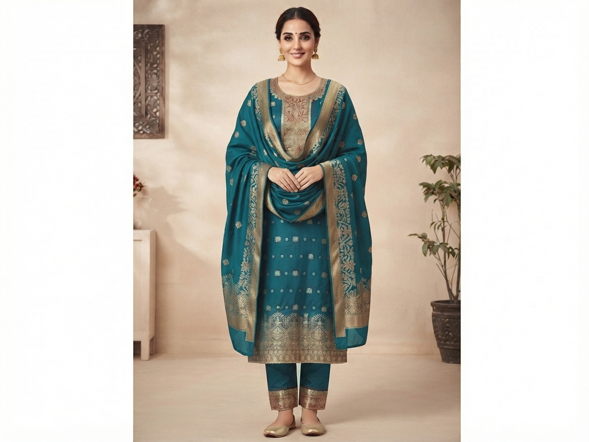 Festive Elegance Banarasi Silk Suit Set with Zari Embroidery & Matching Dupatta