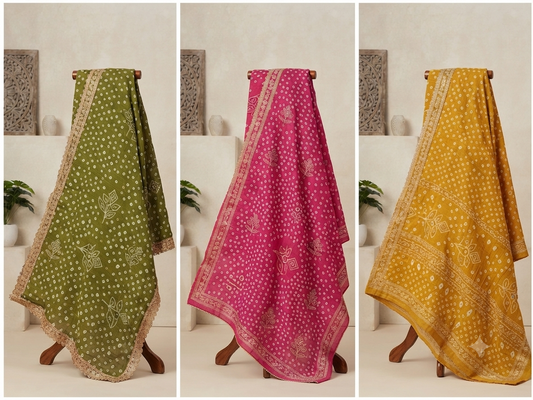 Traditional Bandhani Print Chanderi-Style Suit Set with Scalloped Dupatta