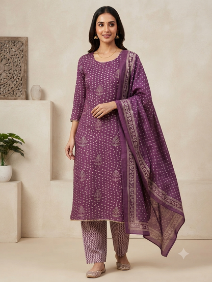 Traditional Bandhani Print Chanderi-Style Suit Set with Scalloped Dupatta