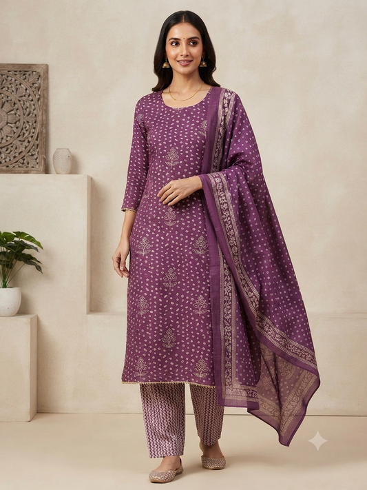 Traditional Bandhani Print Chanderi-Style Suit Set with Scalloped Dupatta