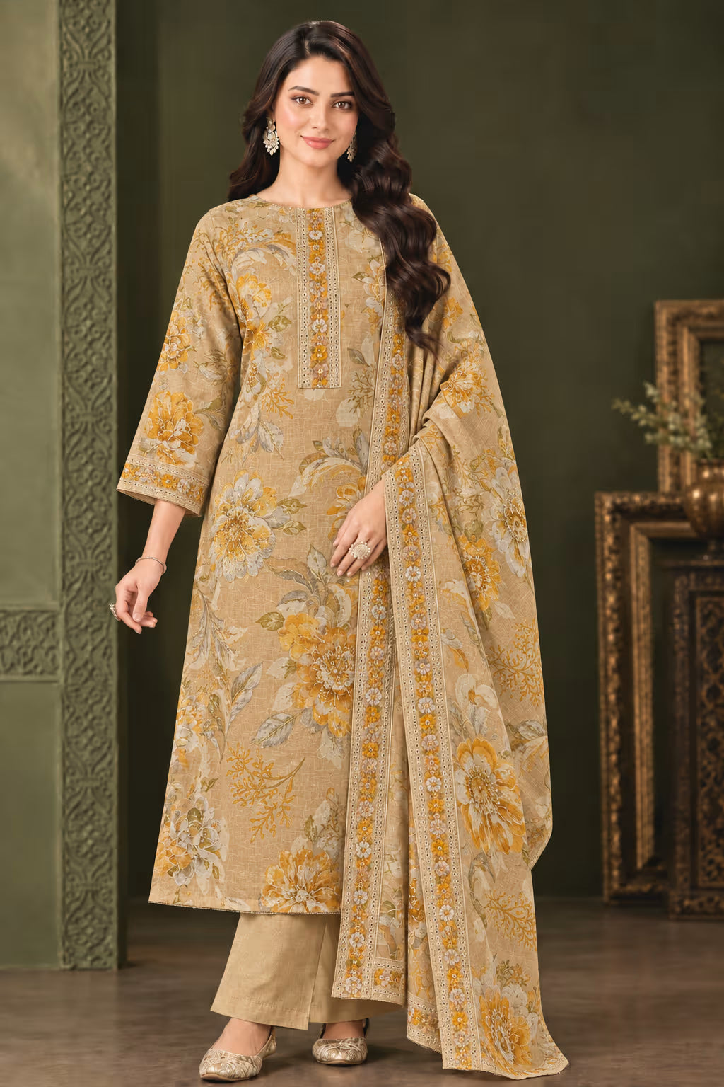 Silk Floral Embroidered Unstitched Suit with Dupatta