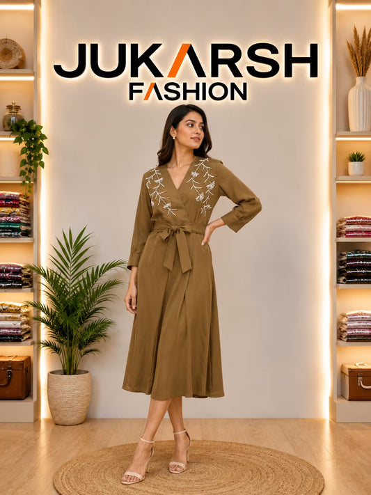 JUKARSH Fashion Lilac Embroidered Wrap Style Midi Dress for Women