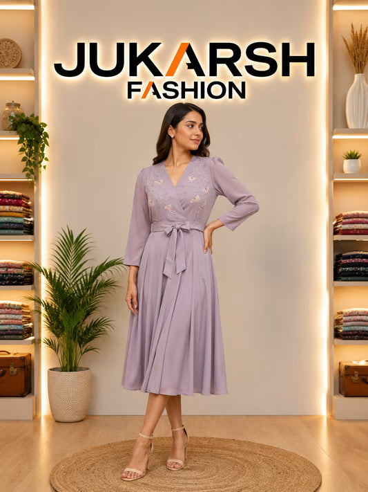 JUKARSH Fashion Lilac Embroidered Wrap Style Midi Dress for Women
