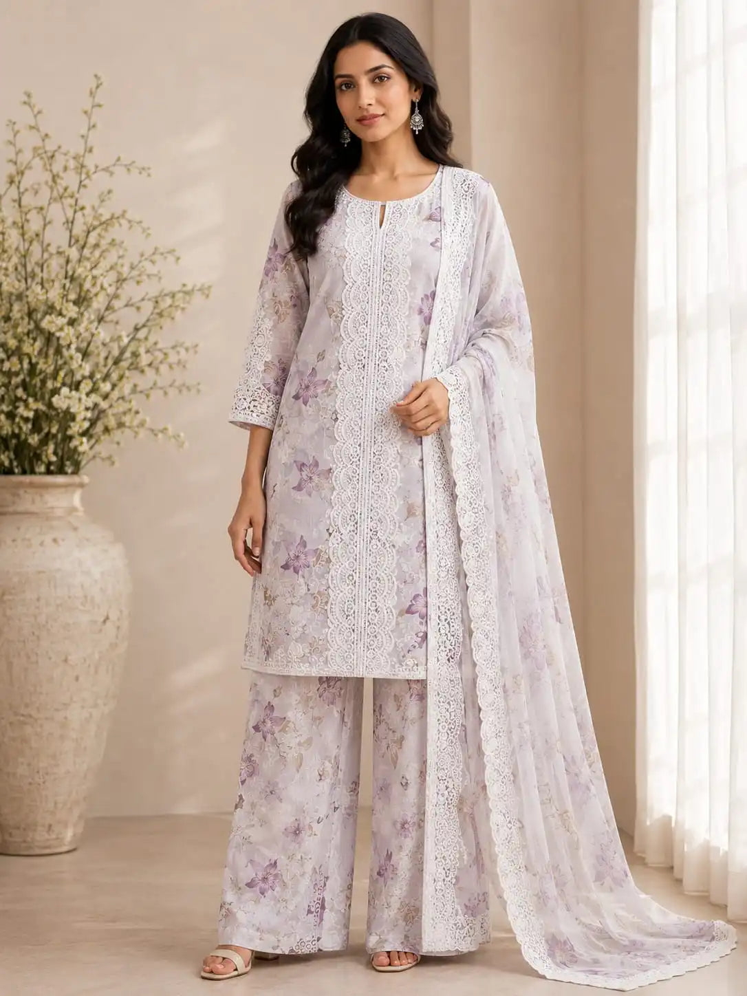 A woman models a traditional three-piece salwar kameez suit in a soft off-white color with delicate purple floral prints and intricate lace embroidery. The set includes a long-sleeve tunic, wide-leg trousers, and a matching sheer dupatta draped over her shoulder, set against a warm beige background with a large decorative vase of flowers.