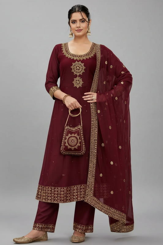 A woman models a deep maroon traditional Indian outfit with gold embroidery, matching pants, and a sheer embroidered dupatta, standing in an indoor styled setting.