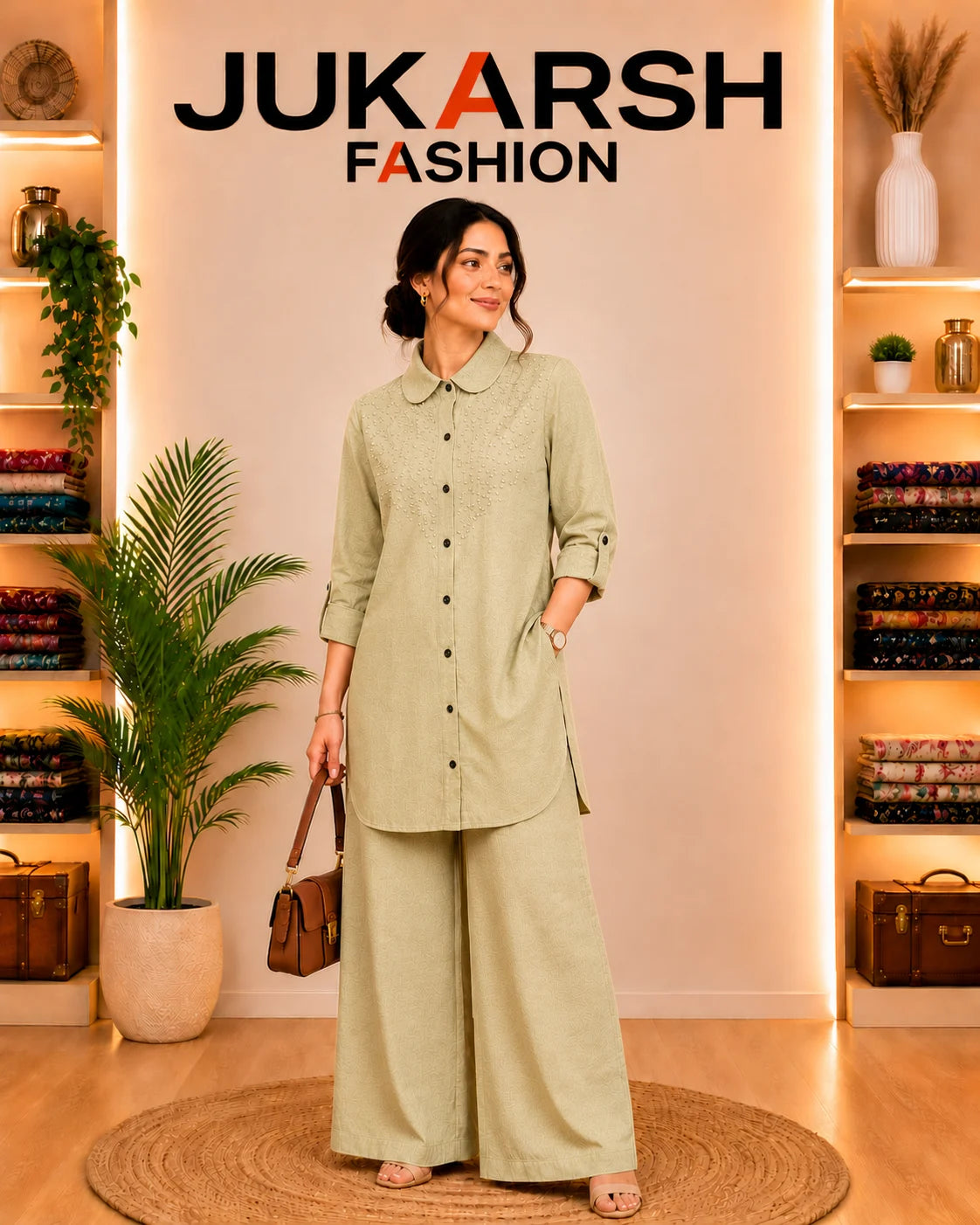 A woman models a light sage green two-piece kurta set consisting of a long-sleeve button-up shirt and matching wide-leg trousers, standing in a warm, styled indoor boutique setting with shelves and plants.