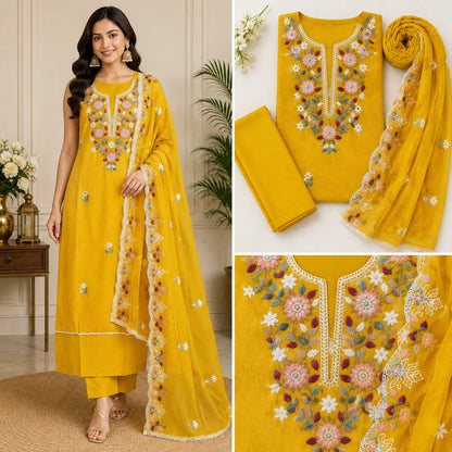 Unstiched Emerald Floral Embroidered Roman Silk Suit Set with Dupatta