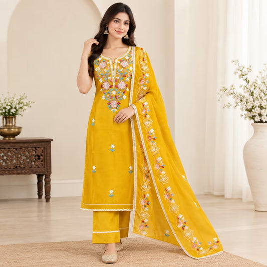 Unstiched Emerald Floral Embroidered Roman Silk Suit Set with Dupatta