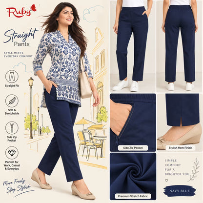 A promotional collage for navy blue straight-fit pants. A woman models the pants on the left, with three smaller inset views showing front and back angles and close-up detail shots of the pocket, hem finish, and stretch fabric.