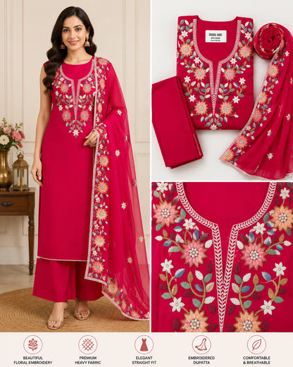 A woman models a bright pink traditional Indian salwar kameez suit with floral embroidery, shown alongside flat-lay views of the matching kurta, dupatta, and trousers on a light beige background. The image includes feature callout icons at the bottom.