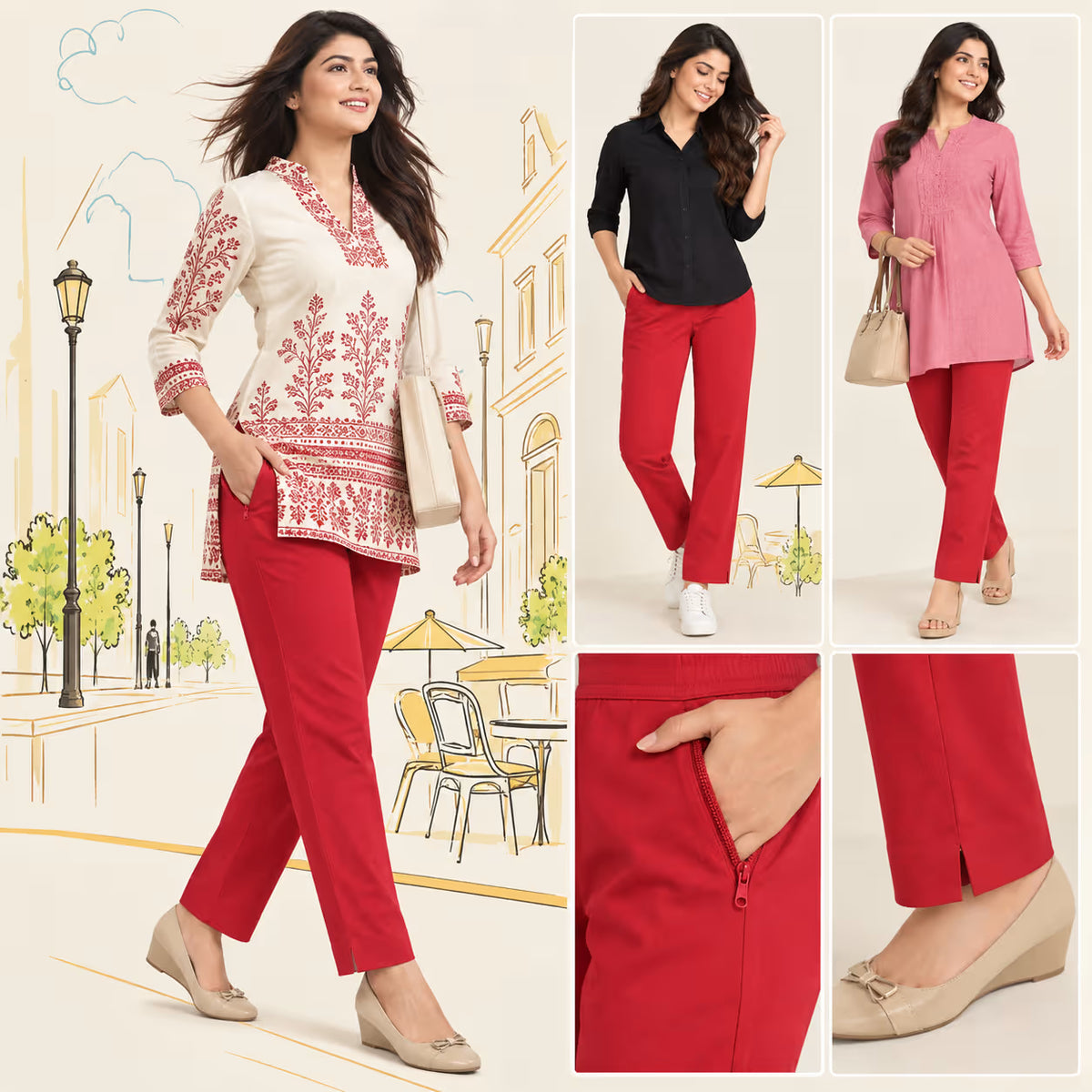 A collage showing a woman modeling a two-piece outfit in two colorways: a cream and rust-red embroidered set, and a black and rust-red set. The left panel shows a full-body view against a light beige illustrated street background, while the right panels show close-ups of the pants pocket and hem, and a full-body view of the pink version.