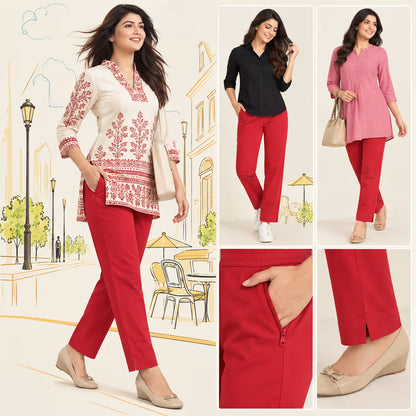 A collage showing a woman modeling a two-piece outfit in two colorways: a cream and rust-red embroidered set, and a black and rust-red set. The left panel shows a full-body view against a light beige illustrated street background, while the right panels show close-ups of the pants pocket and hem, and a full-body view of the pink version.