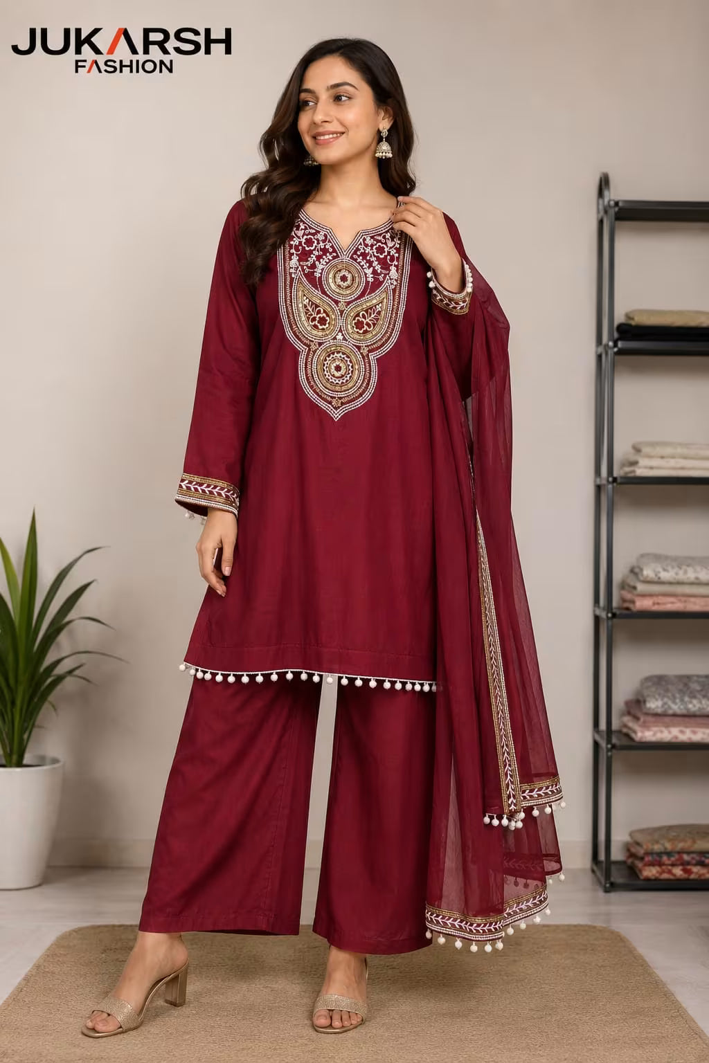 Women's Maroon Embroidered Kurta Palazzo Set with Net Dupatta