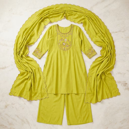 Roman Silk Sleeve Work Kurti with Divider Palazzo Set (M-XXL)