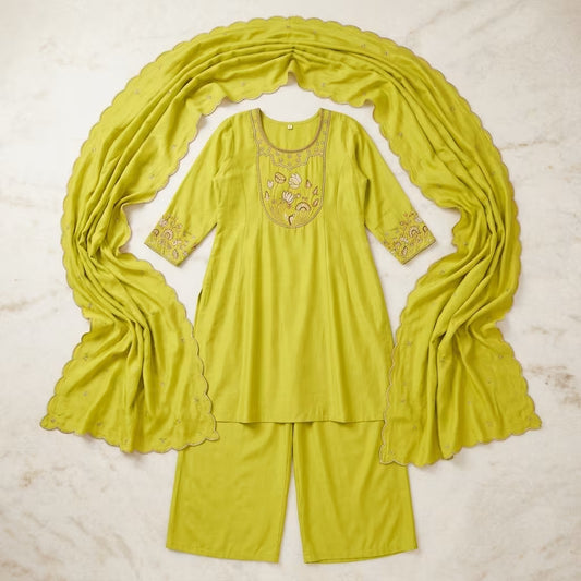 Roman Silk Sleeve Work Kurti with Divider Palazzo Set (M-XXL)