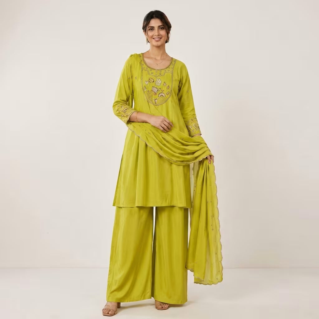Roman Silk Sleeve Work Kurti with Divider Palazzo Set (M-XXL)