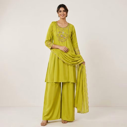 Roman Silk Sleeve Work Kurti with Divider Palazzo Set (M-XXL)