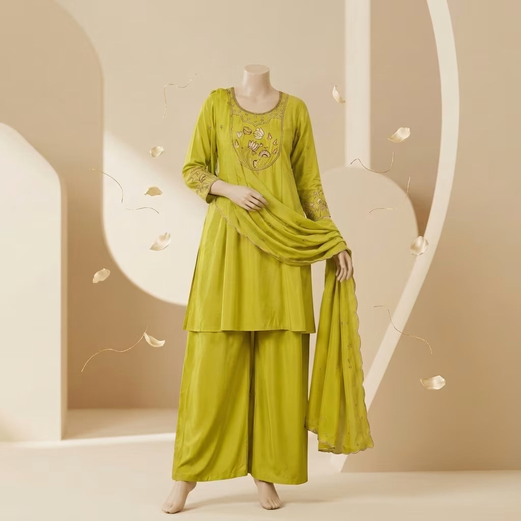 Roman Silk Sleeve Work Kurti with Divider Palazzo Set (M-XXL)