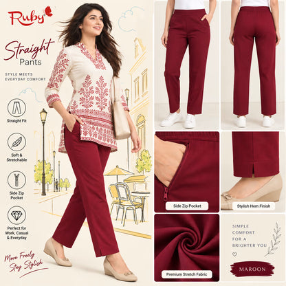 A promotional collage for Ruby Straight Pants in maroon. The left side shows a woman modeling the pants with a cream embroidered tunic, while the right side includes three close-up views of the pants: full-length on a model, a side zip pocket detail, and a fabric swatch.